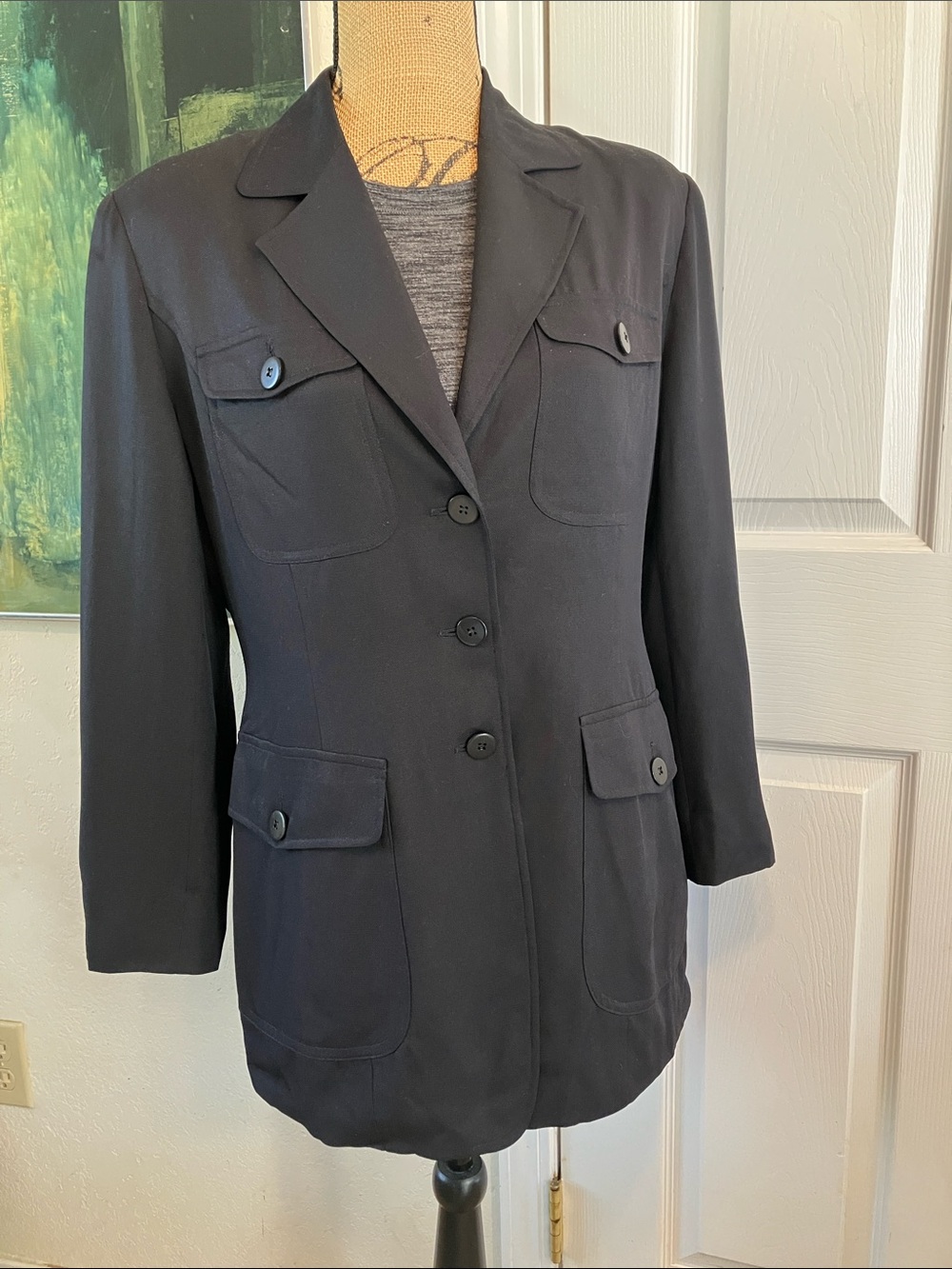 Patrick Collection Vintage 100% silk utility structured 3 button black blazer 10